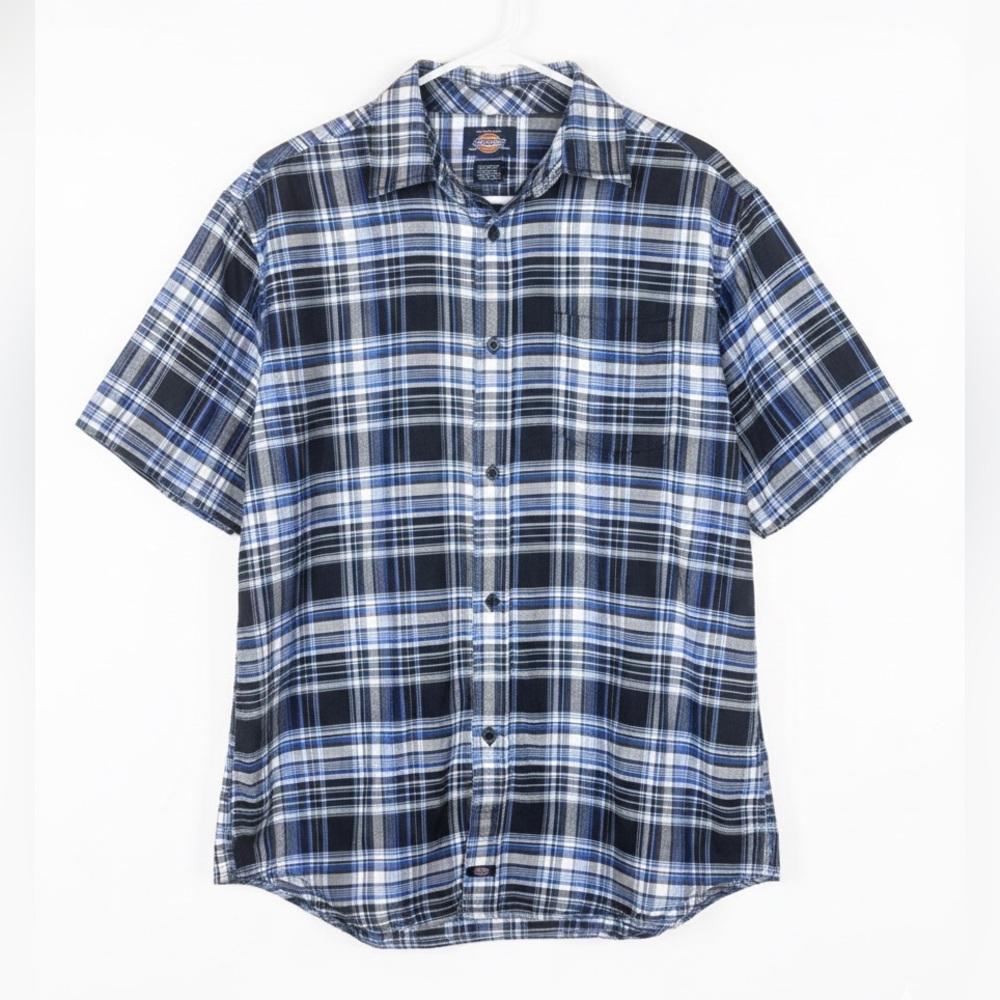 DICKIES Men’s Business Casual Blue Plaid Button Down Work Shirt
